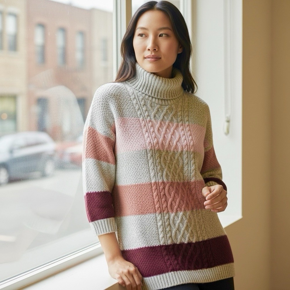 By & By Women's Pullover Striped Knit Grey/Pink Turtleneck Long Sweater XXL NWT